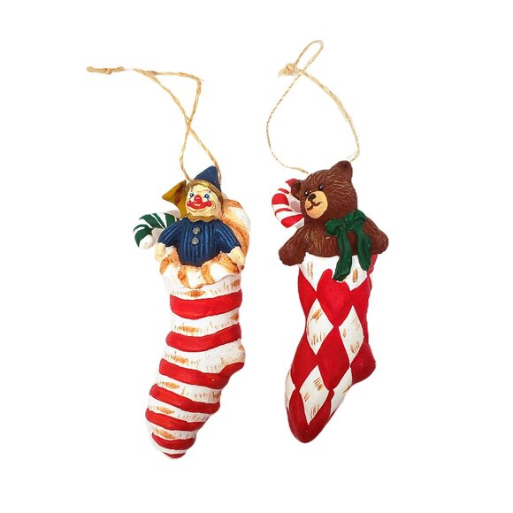 Clown Teddy Bear in Stocking Christmas Ornament Lot x Candy Cane Red White - Picture 1 of 4